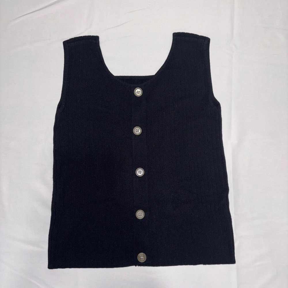 Kobe Lettuce Minimalist Black Button-Front Tank Top Ribbed Texture Sz S